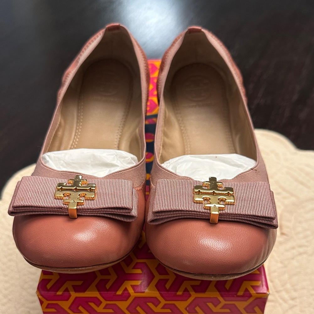Tory Burch Pink Ballet Flats with Gold Emblem